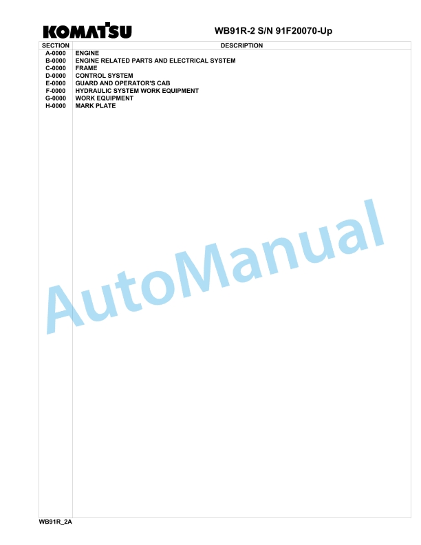 Komatsu WB91R-2 Backhoe Loader Parts Manual 91F20070-up