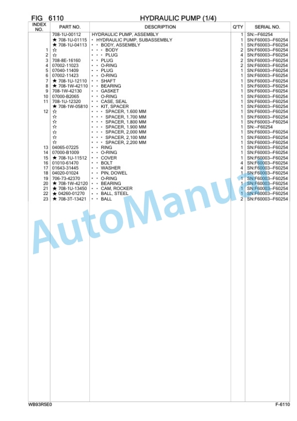 Komatsu WB93R-5E0 Backhoe Loader Parts Manual F60003-3