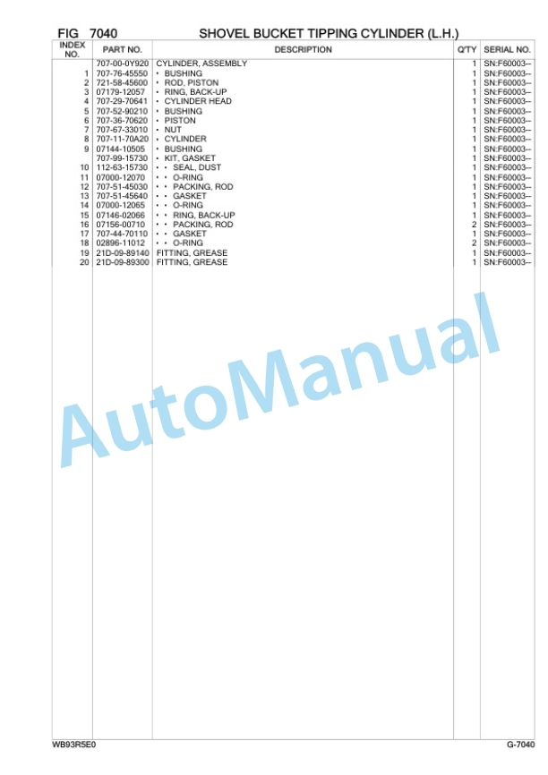 Komatsu WB93R-5E0 Backhoe Loader Parts Manual F60003-5