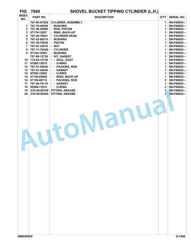 Komatsu WB93R-5E0 Backhoe Loader Parts Manual F60003-UP-5