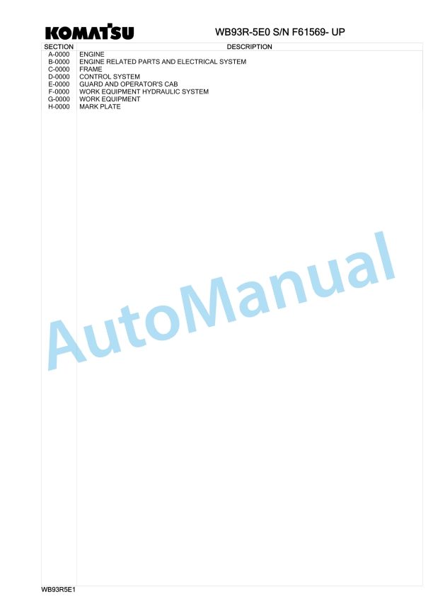 Komatsu WB93R-5E0 Backhoe Loader Parts Manual F61569