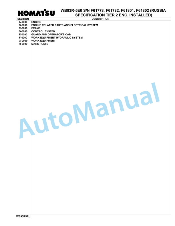 Komatsu WB93R-5E0 Backhoe Loader Parts Manual - F61778 - F61782 - F61801 - F61802