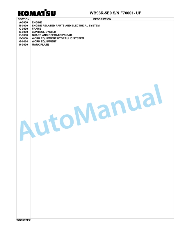 Komatsu WB93R-5E0 Backhoe Loader Parts Manual F70001-UP