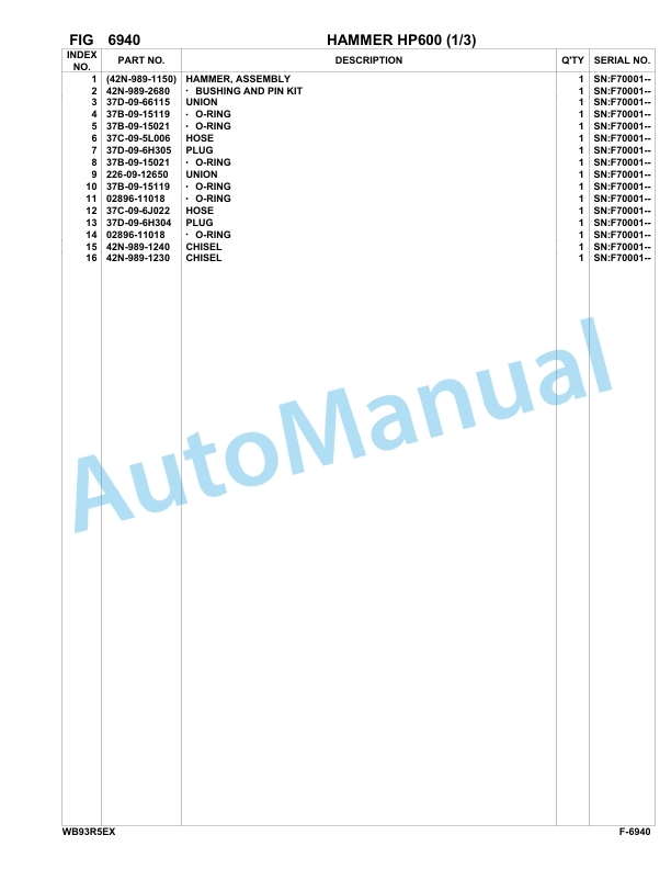 Komatsu WB93R-5E0 Backhoe Loader Parts Manual F70001-UP-5