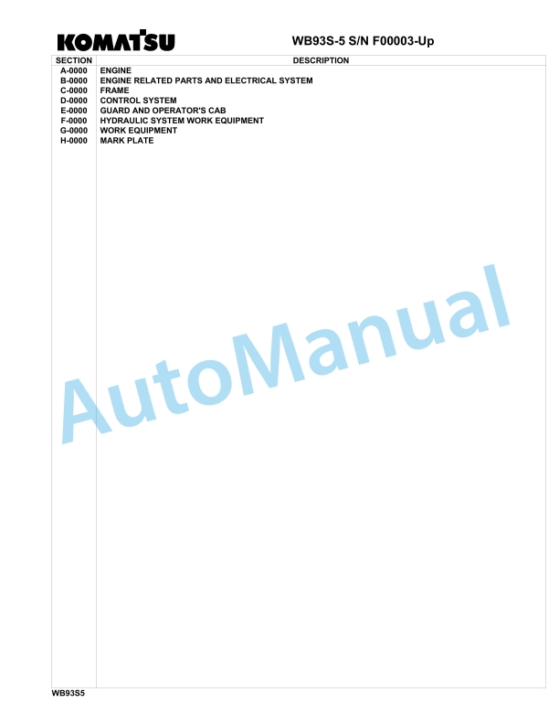 Komatsu WB93S-5 Backhoe Loader Parts Manual F00003-up