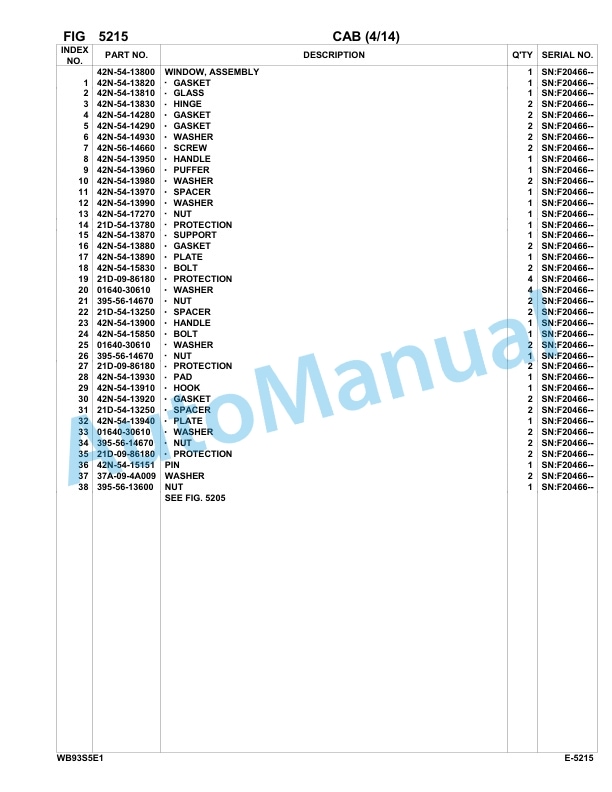 Komatsu WB93S-5E0 Backhoe Loader Parts Manual F20466-UP-3