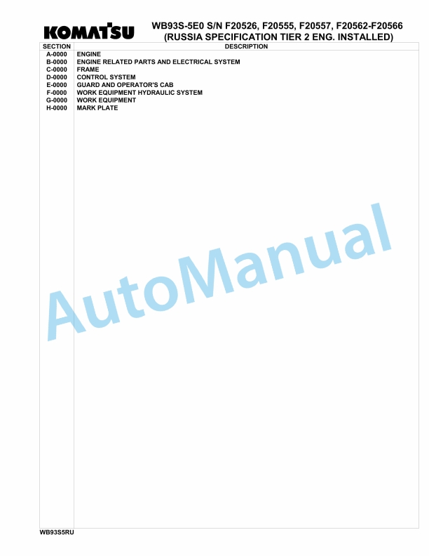 Komatsu WB93S-5E0 Backhoe Loader Parts Manual - F20526 - F20555 - F20557 - F20562 - F20566