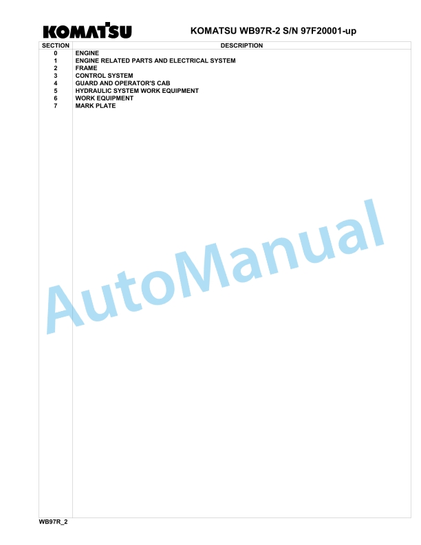 Komatsu WB97R-2 Backhoe Loader Parts Manual 97F20001-up