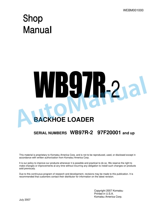 Komatsu WB97R-2 Backhoe Loader Shop Manual WEBM001000