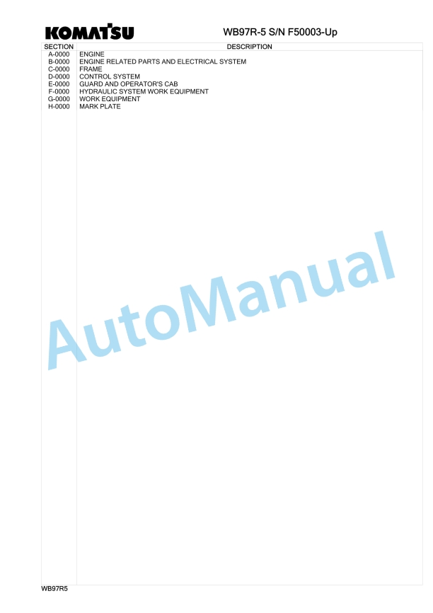Komatsu WB97R-5 Backhoe Loader Parts Manual F50003