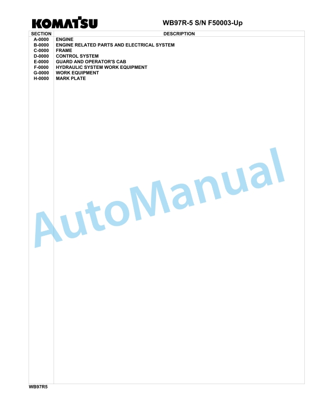 Komatsu WB97R-5 Backhoe Loader Parts Manual F50003-up
