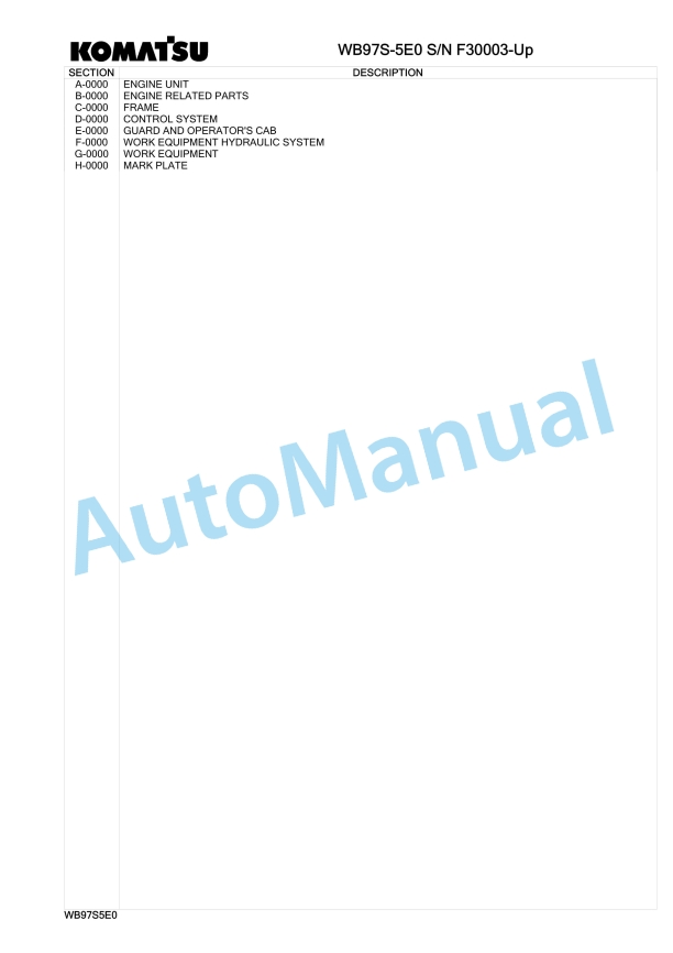 Komatsu WB97S-5E0 Backhoe Loader Parts Manual F30003