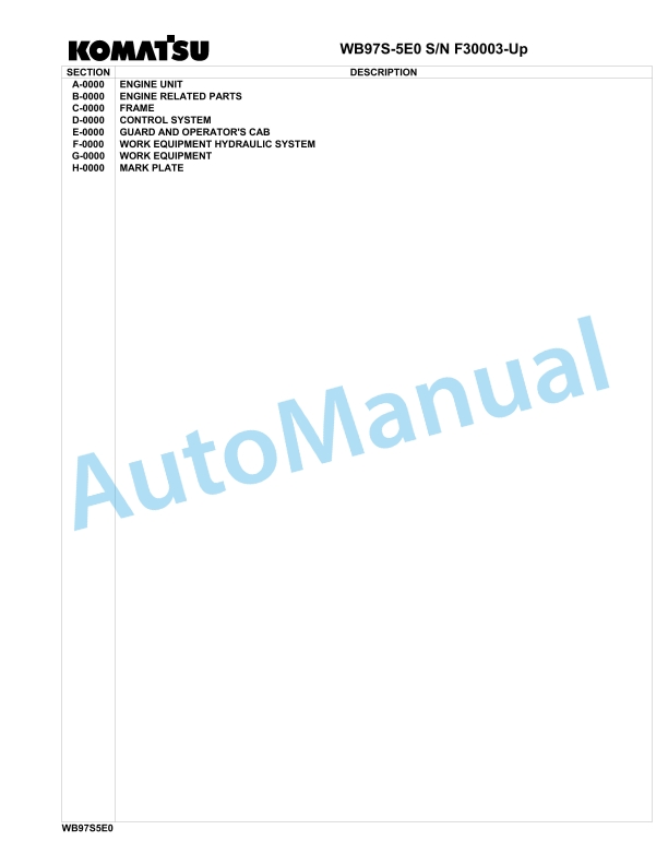 Komatsu WB97S-5E0 Backhoe Loader Parts Manual F30003-UP