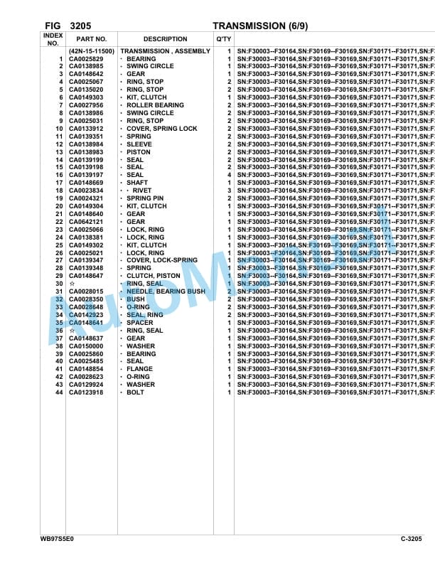 Komatsu WB97S-5E0 Backhoe Loader Parts Manual F30003-UP-2