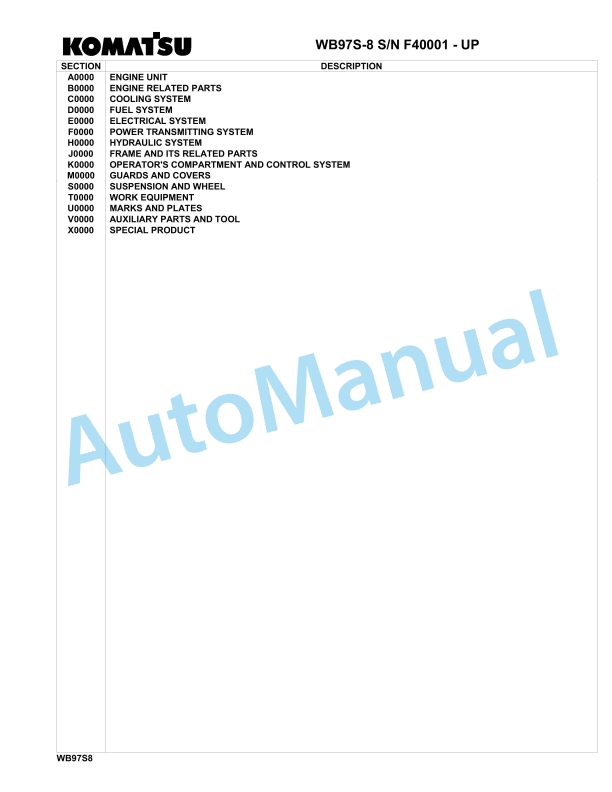 Komatsu WB97S-8 Backhoe Loader Parts Manual F40001-up