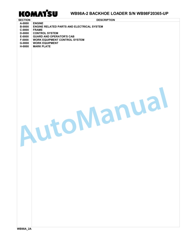 Komatsu WB98A-2 Backhoe Loader Parts Manual WB98F20365-UP