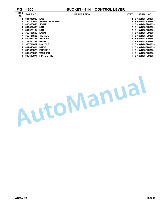 Komatsu WB98A-2 Backhoe Loader Parts Manual WB98F20365-UP-3