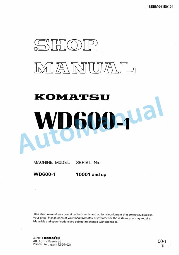 Komatsu WD600-1 Wheel Dozer Shop Manual SEBM041E0104