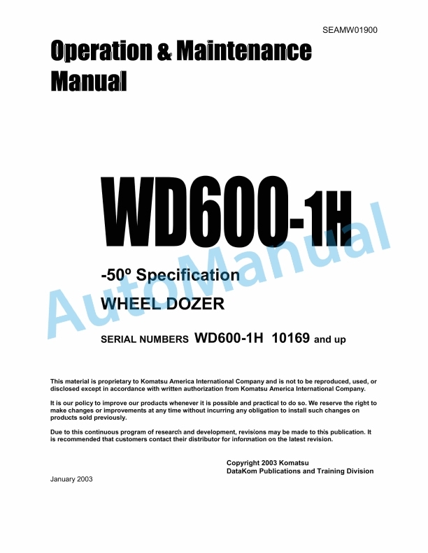 Komatsu WD600-1H Wheel Dozer Operation and Maintenance Manual SEAMW01900