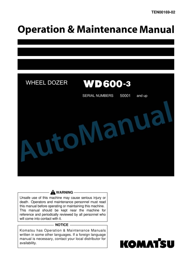 Komatsu WD600-3 Wheel Dozer Operation and Maintenance Manual TEN00169-02