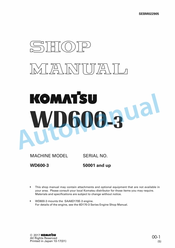 Komatsu WD600-3 Wheel Dozer Shop Manual SEBM022905