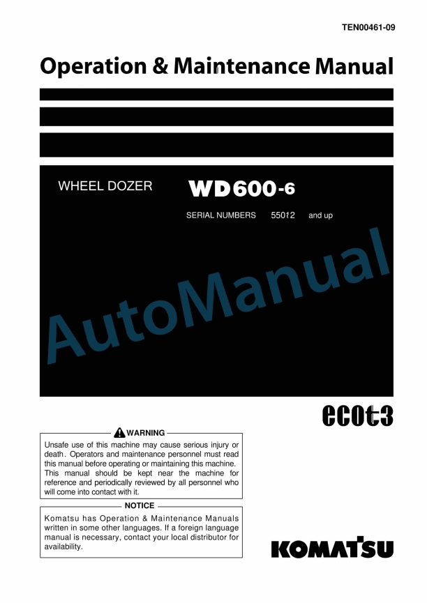 Komatsu WD600-6 Wheel Dozer Operation and Maintenance Manual TEN00461-09