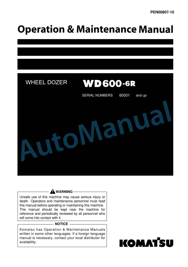 Komatsu WD600-6R Wheel Dozer Operation and Maintenance Manual PEN00807-10