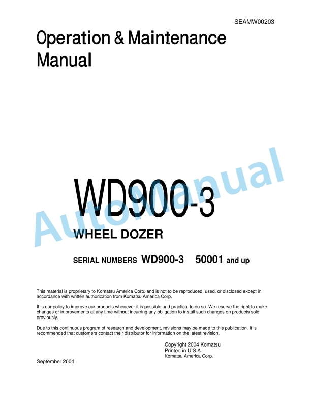 Komatsu WD900-3 Wheel Dozer Operation and Maintenance Manual SEAMW00203