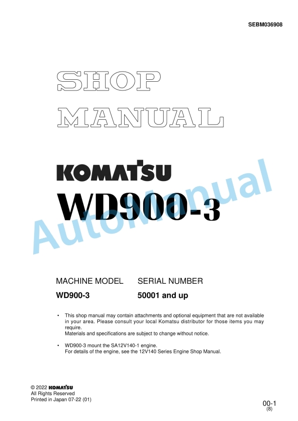 Komatsu WD900-3 Wheel Loader Shop Manual SEBM036908