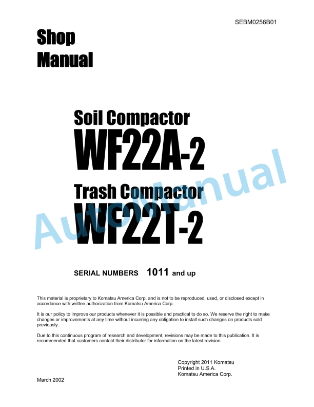 Komatsu WF22A-2 Soil Compactor, WF22T-2 Trash Compactor Shop Manual SEBM0256B01