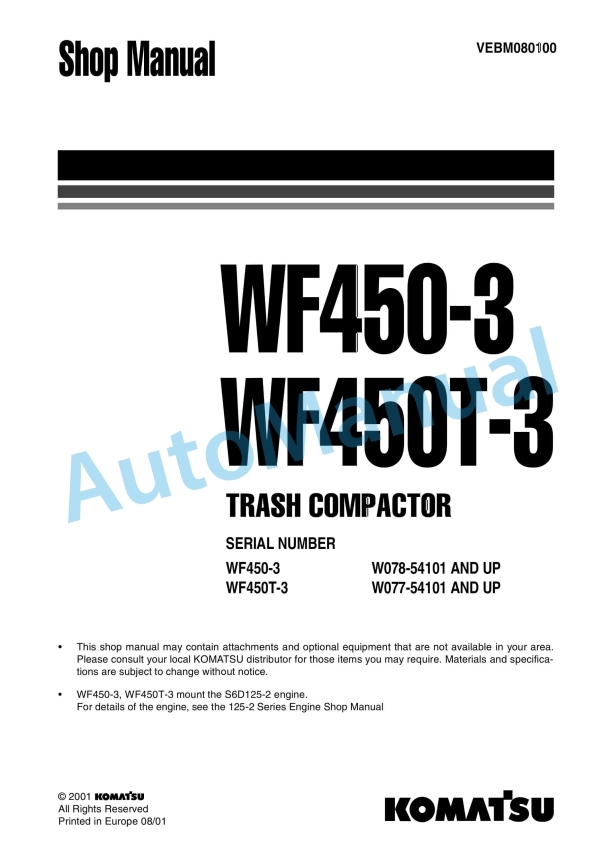 Komatsu WF450-3, WF450T-3 Trash Compactor Shop Manual VEBM080100