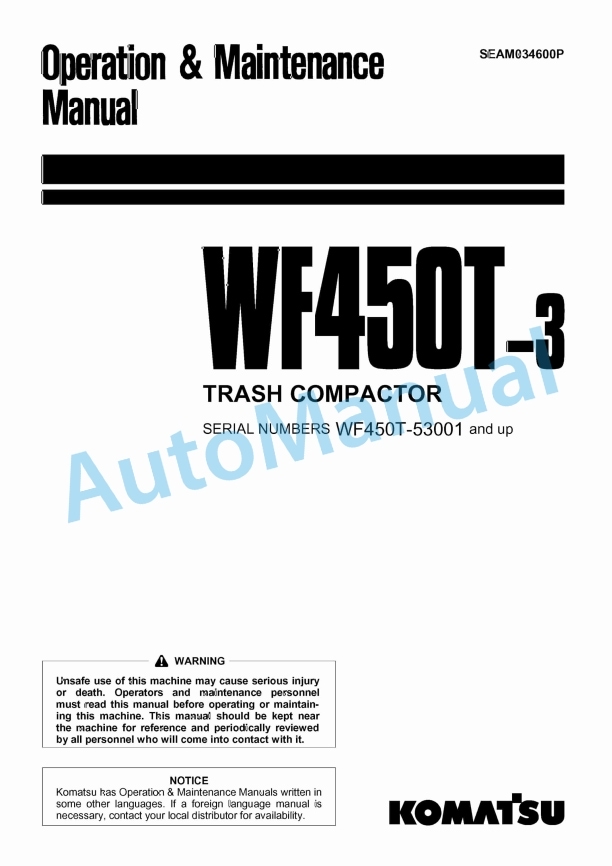 Komatsu WF450T-3 Trash Compactor Operation and Maintenance Manual SEAM034600P