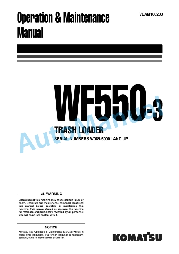 Komatsu WF550-3 Trash Compactor Operation and Maintenance Manual VEAM100200