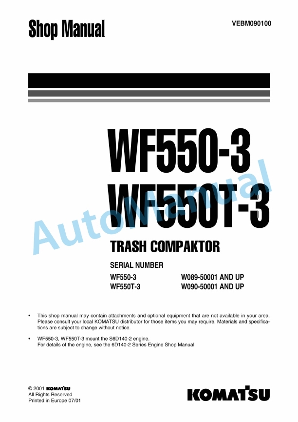 Komatsu WF550-3, WF550T-3 Trash Compactor Shop Manual VEBM090100