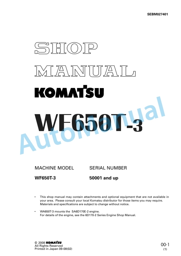 Komatsu WF650T-3 Trash Compactor Shop Manual SEBM027401