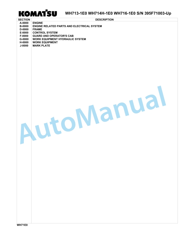 Komatsu WH713-1E0, WH714H-1E0, WH716-1E0 Parts Manual 395F71003-UP