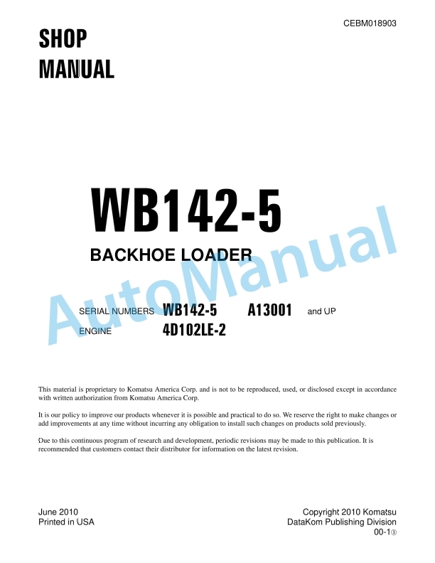 Komatsu WP142-5 Backhoe Loader Shop Manual CEBM018903