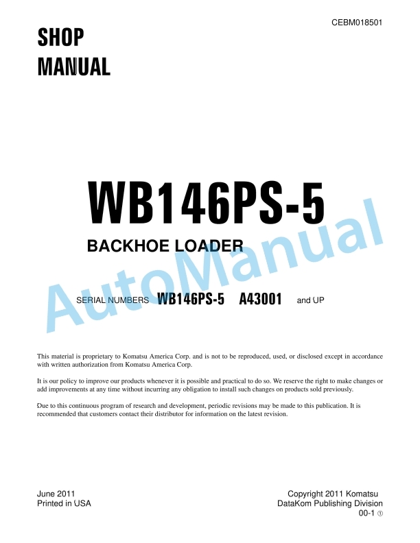 Komatsu WP146PS-5 Backhoe Loader Shop Manual CEBM018501