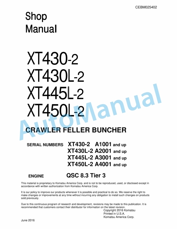 Komatsu XT430-2, XT430L-2, XT445L-2, XT450L-2 Crawler Feller Buncher Shop Manual CEBM025402