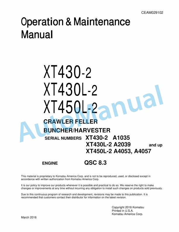 Komatsu XT430-2, XT430L-2, XT450L-2 Crawler Feller Buncher Operation and Maintenance Manual CEAM029102