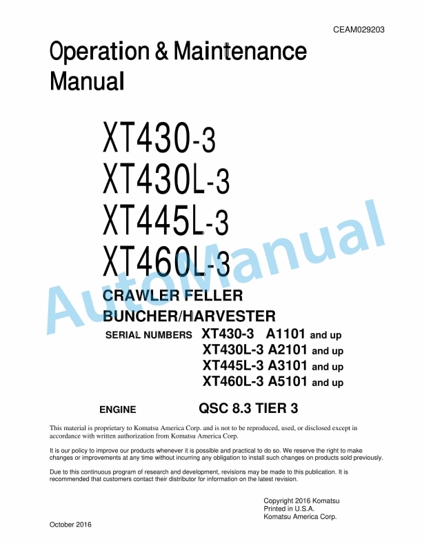 Komatsu XT430-3, XT430L-3, XT445L-3, XT460L-3 Crawler Feller Buncher Operation and Maintenance Manual CEAM029203