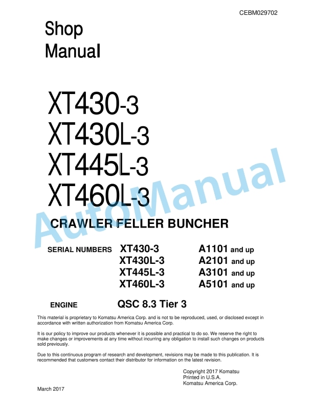 Komatsu XT430-3, XT430L-3, XT445L-3, XT460L-3 Crawler Feller Buncher Shop Manual CEBM029702