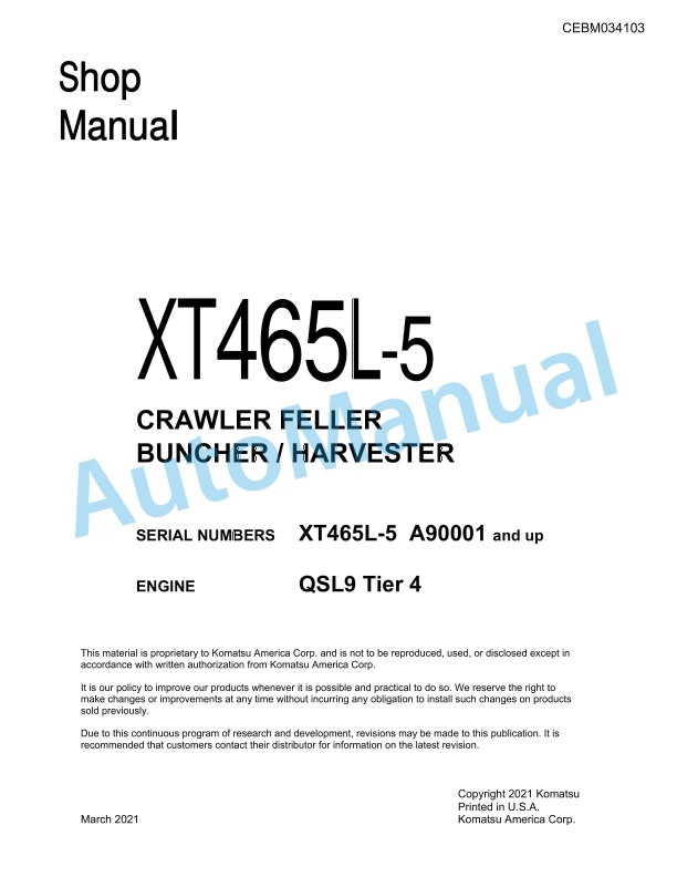 Komatsu XT465L-5 Crawler Feller Buncher Shop Manual CEBM034103