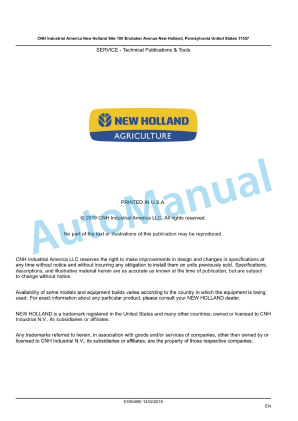 New Holland 107M, 108M, 109M DuraDisc Disc Mower Service Manual 51594690-3