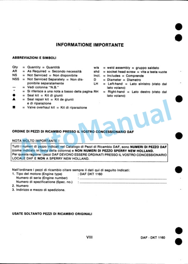 New Holland 1900 Forage Harvester - DKT 1160 DAF Diesel Engine Service Parts Catalogue 527879010-2