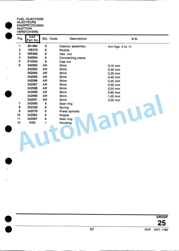 New Holland 1900 Forage Harvester - DKT 1160 DAF Diesel Engine Service Parts Catalogue 527879010-5