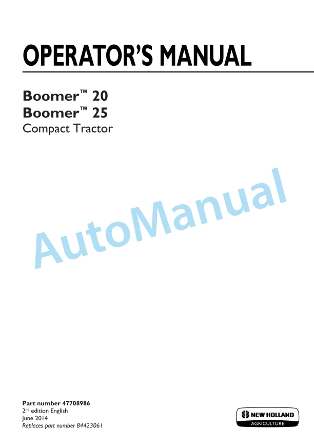 New Holland 20, 25 Boomer Compact Tractor Operation and Maintenance Manual 47708986