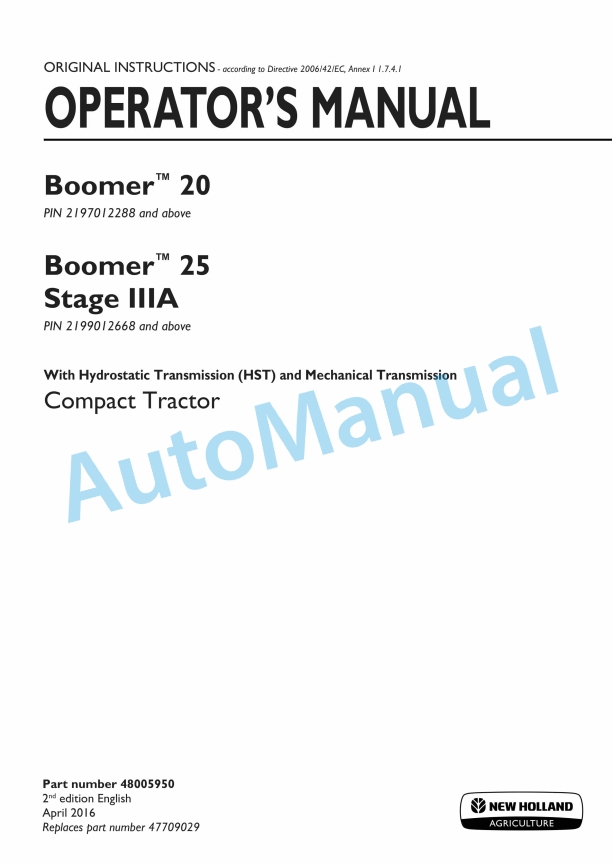 New Holland 20, 25 Boomer Stage IIIA Compact Tractor Operation and Maintenance Manual 48005950