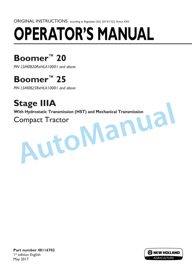 New Holland 20, 25 Boomer Stage IIIA Compact Tractor Operation and Maintenance Manual 48116702