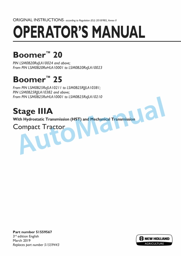 New Holland 20, 25 Boomer Stage IIIA Compact Tractor Operation and Maintenance Manual 51559567